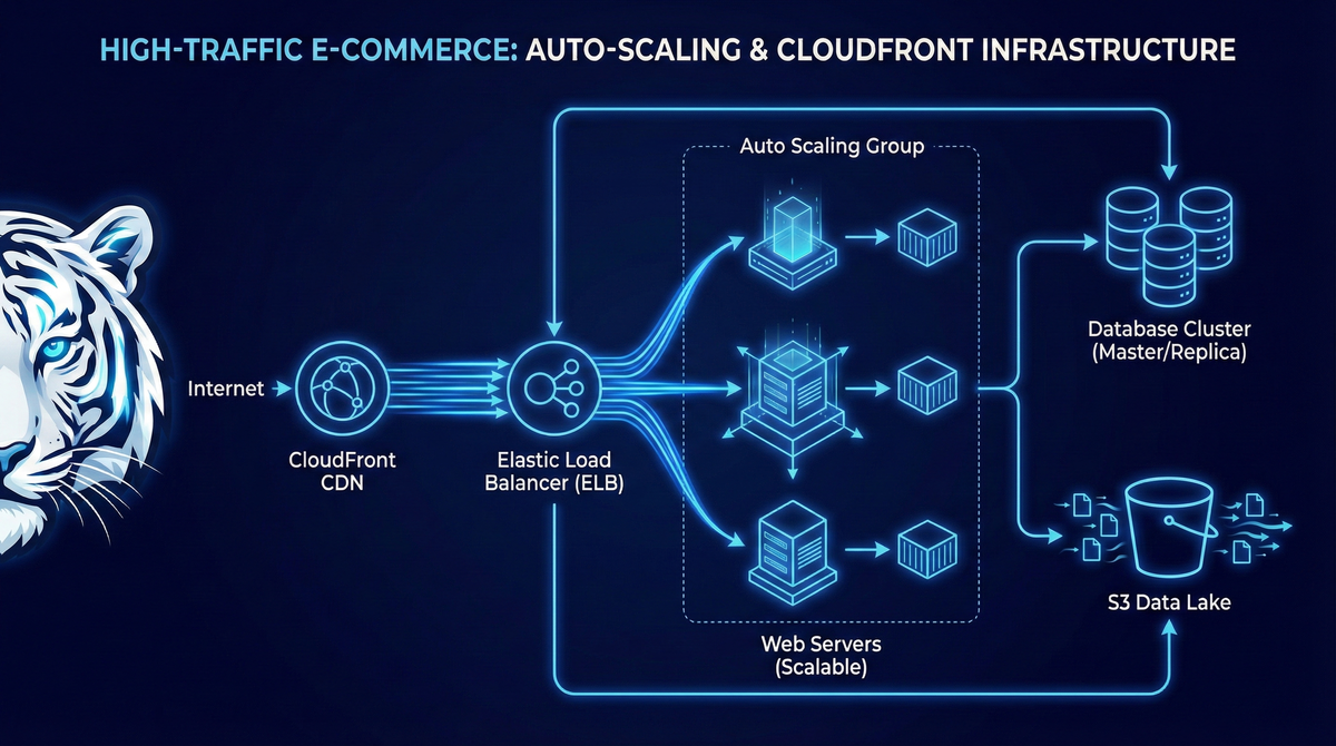 ECシステム構成図：AWSインフラにおいてWebサーバーを複数台で負荷分散し、マネージドデータベースを利用するスケーラブルな構成例
